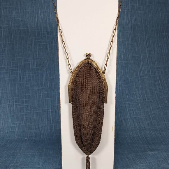 1900's Gold Tone Metal Etched Art Deco Bag with Tassel